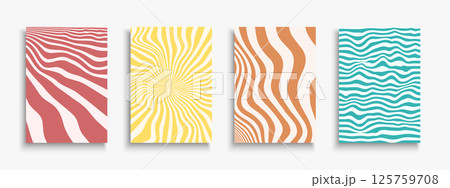 Collection of color striped abstract retro posters, templates, placards, brochures, banners, flyers, covers. Bright vintage 80-90s backgrounds. Trendy design with creative curve print Collection of color striped abstract retro posters, templates, placards, brochures, banners, flyers, covers. Bright vintage 80-90s backgrounds. Trendy design with creative curve print 125759708