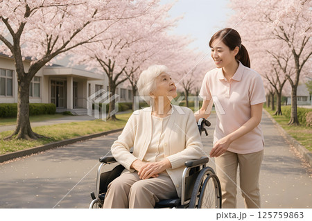 桜並木を散歩する車椅子の高齢女性と介護士の春のひととき 125759863