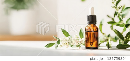 Brown glass bottle with essential oil and herbs 125759894