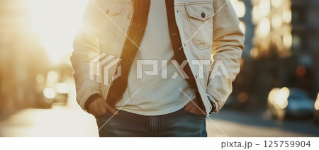 Evening stroll in urban setting with sunset glow 125759904