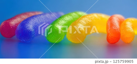 Colorful gummy worms arranged on a blue background Colorful gummy worms arranged on a blue background 125759905
