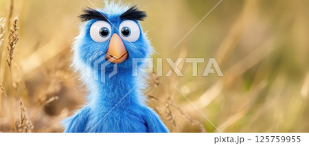 Colorful blue puppet stands in tall grass 125759955