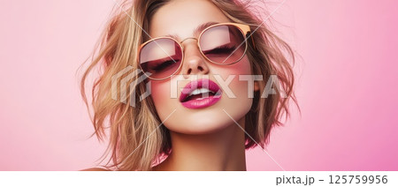 Model in stylish shades on pink backdrop 125759956