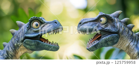Dinosaurs converse in a lush green setting 125759958