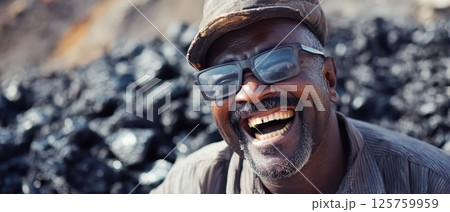 Man smiling while working among coal piles 125759959