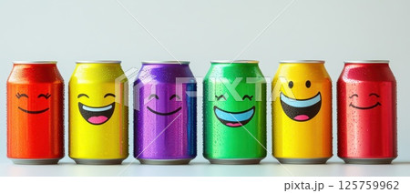 Cans with cheerful faces on colorful background Cans with cheerful faces on colorful background 125759962