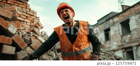 Worker expresses frustration at construction site 125759971