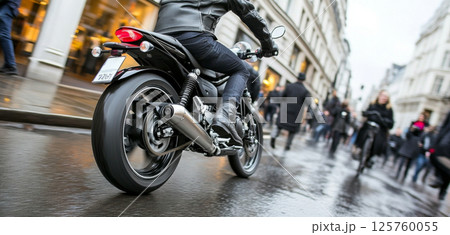 Close-up of motorcycle rear wheel in motion blur on sunny street 125760055