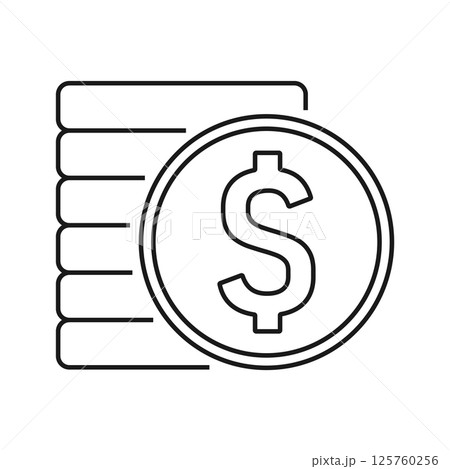 Stack of coins icon with dollar symbol, minimal black outline design on white background. Financial savings, money accumulation, investment symbol for apps and design use. Concept: money savings. 125760256