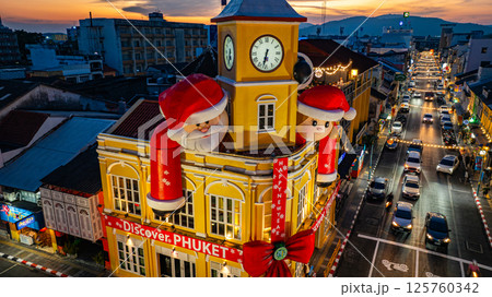 Aerial view of Festive Clock Tower with Santa Decorations 125760342