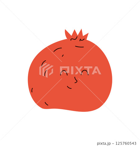 Cute pomegranate with smiling face fun flat vector illustration perfect for kids products, healthy eating designs, and fruit themed decor 125760543