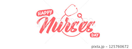 International nurses day cute vector wide horizontal banner and poster with stethoscope isolated on white background. vector pink 12 May Happy nurses day icon, label, sign, sticker design template 125760672