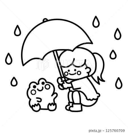 雨の日にカエルに傘をさす女の子(モノクロ) 雨の日にカエルに傘をさす女の子(モノクロ) 125760709