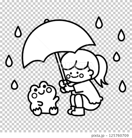 雨の日にカエルに傘をさす女の子(モノクロ) 雨の日にカエルに傘をさす女の子(モノクロ) 125760709