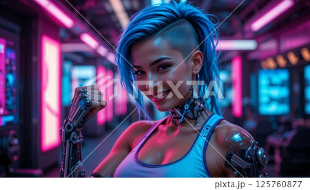 Strong Woman with Cybernetic Arm in a Neon Gym 125760877