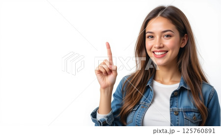 Smiling Woman Pointing Upwards 125760891