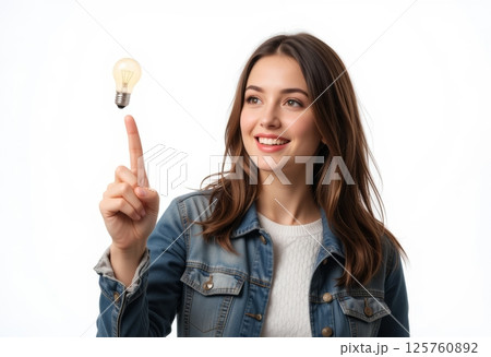 Smiling Woman with Light Bulb Idea 125760892