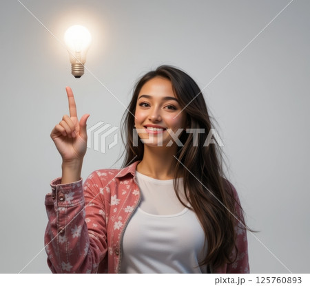 Smiling Woman with Light Bulb Idea 125760893