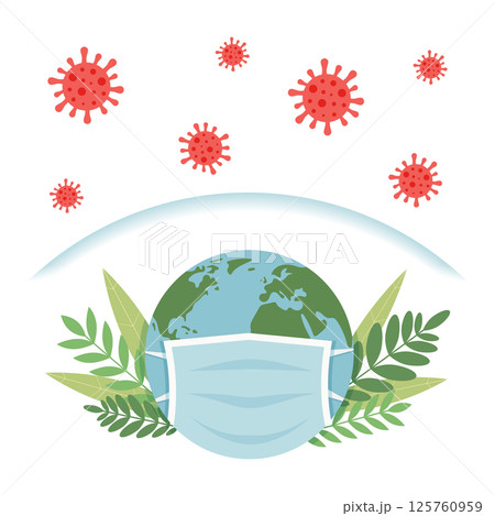 Planet Earth in medical mask. Invisible shield protects the planet from coronavirus infection. Prevention of influenza and coronavirus infection (COVID-19). Vector illustration in flat cartoon style. 125760959
