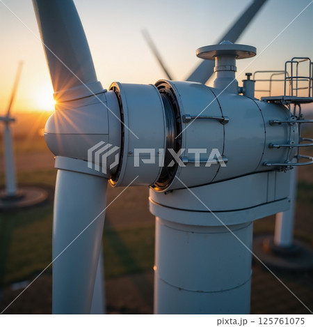 Wind turbine at sunset with golden light 125761075