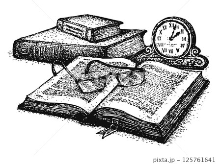 Vector still life. Old books and clock Vector still life. Old books and clock 125761641
