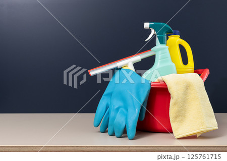 Set of Cleaning supplies in bucket with copy space 125761715