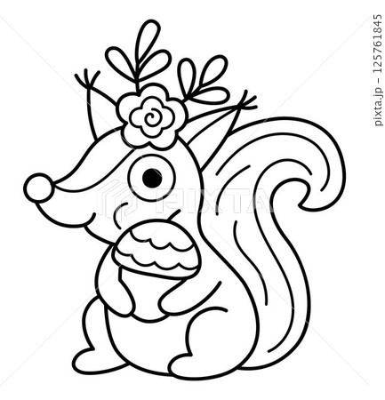 Vector black and white squirrel icon. Magic creature line clipart. Cute fairytale character. Woodland fantasy animal with acorn and flowers on head. Forest fairy tale illustration, coloring page 125761845