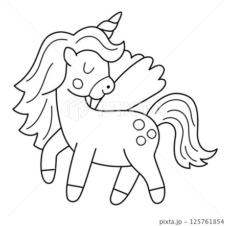 Vector black and white unicorn icon. Magic creature line clipart. Cute fairytale character. Woodland fantasy animal with horn and wings. Forest fairy tale illustration, coloring page 125761854