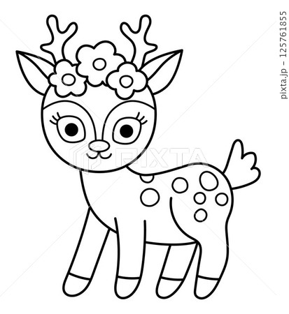 Vector black and white deer icon. Magic creature line clipart. Cute fairytale character. Woodland fantasy animal with flowers on horns. Forest fairy tale illustration, coloring page Vector black and white deer icon. Magic creature line clipart. Cute fairytale character. Woodland fantasy animal with flowers on horns. Forest fairy tale illustration, coloring page 125761855