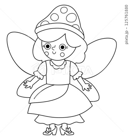 Vector black and white mushroom fairy icon. Cute little girl with wings. Woodland princess line clipart. Fantasy forest fay illustration, coloring page. Magic fairytale creature in toad stool dress, Vector black and white mushroom fairy icon. Cute little girl with wings. Woodland princess line clipart. Fantasy forest fay illustration, coloring page. Magic fairytale creature in toad stool dress, 125761880