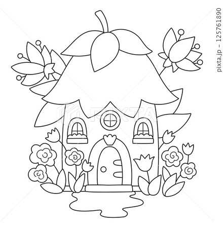 Vector black and white flower fairy house line icon. Woodland princess home clipart. Fantasy forest cottage illustration, coloring page. Magic fairytale dwelling shaped as tulip, roses, peonies 125761890