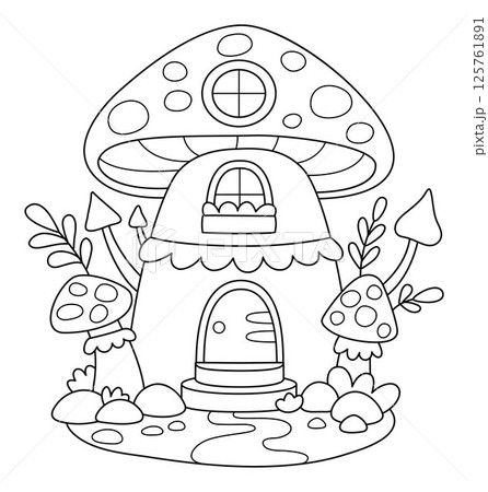 Vector black and white mushroom fairy house line icon. Woodland princess home clipart. Fantasy forest cottage illustration, coloring page. Magic fairytale dwelling shaped as toad stool 125761891