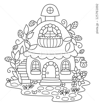 Vector black and white berry fairy house line icon. Woodland princess home clipart. Fantasy forest cottage illustration, coloring page. Magic fairytale dwelling shaped as strawberry Vector black and white berry fairy house line icon. Woodland princess home clipart. Fantasy forest cottage illustration, coloring page. Magic fairytale dwelling shaped as strawberry 125761892