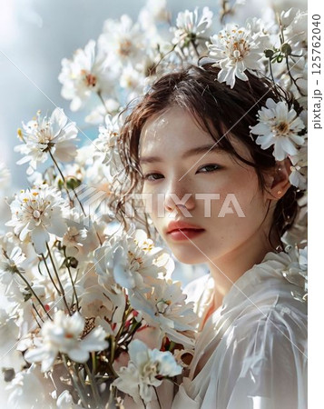 Asian fashion model in white dress among white flowers 125762040