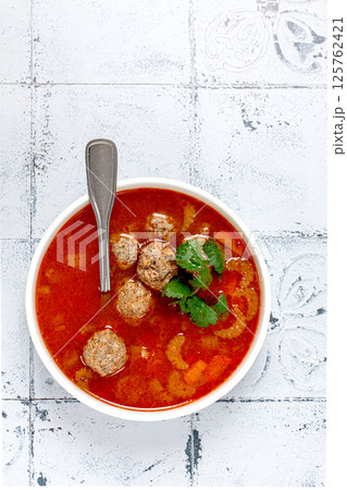 Romanian soup with meatballs, vegetable soup with meatballs, tiled table, homemade, no people, Romanian soup with meatballs, vegetable soup with meatballs, tiled table, homemade, no people, 125762421