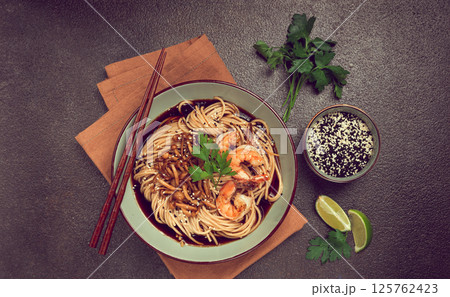 soba, buckwheat noodles, with shimeji mushrooms and tiger shrimps, homemade, no people, soba, buckwheat noodles, with shimeji mushrooms and tiger shrimps, homemade, no people, 125762423