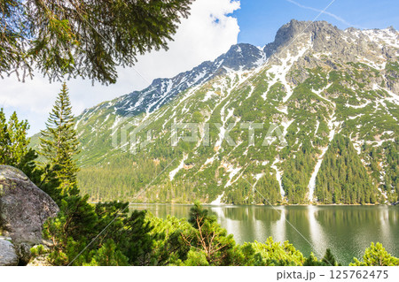 alpine lake in spring on a sunny day. travel landscape of rysy ridge in high tatra mountains of poland. snow among rocks and spruce forest on the hillside reflection in water. blue sky with clouds 125762475