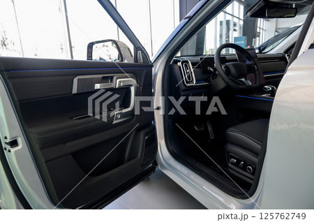 Interior of a modern car with black leather seats Interior of a modern car with black leather seats 125762749