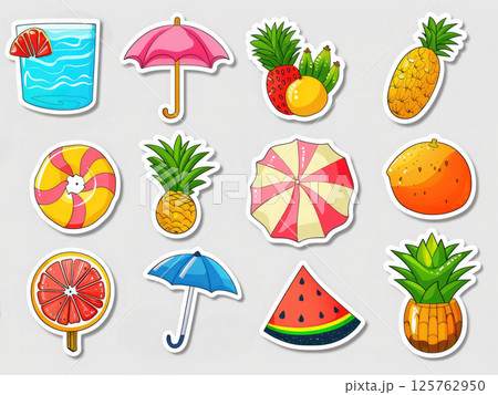 A set of stickers with images of different bright summer things: a sun umbrella, an inflatable ring, fruits, a pineapple, a watermelon on a white background. Summer sticker pack 125762950