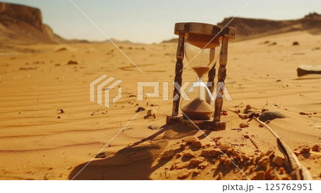 An old hourglass stands in the vast desert sand, symbolizing the unstoppable passage of time and the urgency of climate awareness in an arid, timeless landscape An old hourglass stands in the vast desert sand, symbolizing the unstoppable passage of time and the urgency of climate awareness in an arid, timeless landscape 125762951