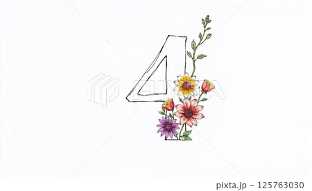 Floral Numerology: A watercolor style illustration showcases the number "4" adorned with vibrant flowers. This visual combines the precision of numerals with the natural elegance of botanicals. 125763030