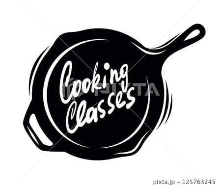 Cooking Classes Logo with Lettering Words on Pan Silhouette Cooking Classes Logo with Lettering Words on Pan Silhouette 125763245