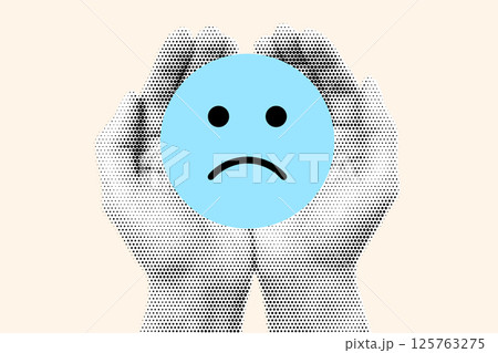 Abstract Illustration Representing Mental Health Struggles and Emotional Sadness Featuring a Blue Sad Face Held by Protective Hands 125763275