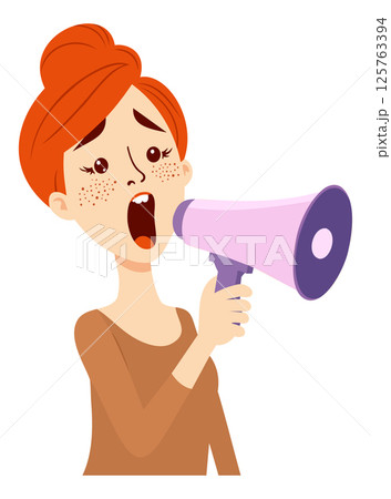 Woman shouting into megaphone. Vector isolated illustration 125763394