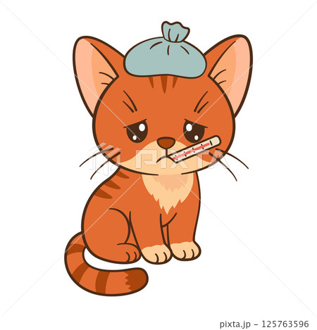 Sad and sick kitten with thermometer and compress. Chibi cat Flat style Sad and sick kitten with thermometer and compress. Chibi cat Flat style 125763596