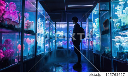 謎めく海洋研究所のバイオ発光生物展示 謎めく海洋研究所のバイオ発光生物展示 125763627