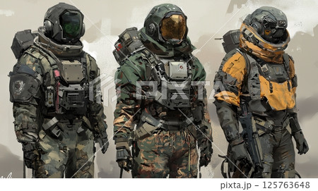 3体のSFアーマースーツ兵士たちの立ち姿 125763648