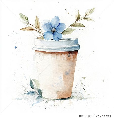 Watercolor coffee with flowers and leaf on white background. Botanical clipart with drink for design 125763664