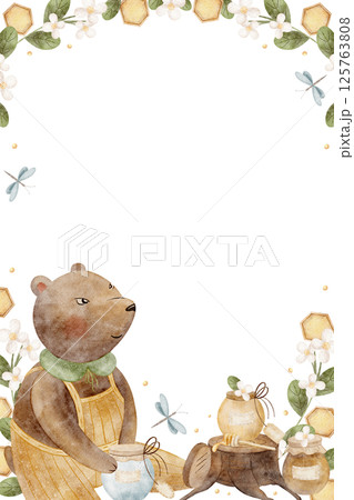 Frame watercolor bear with jars of honey on a stump, dragonfly, honeycombs in flowers, leaves. Hand drawn illustration cartoon style for templates design invitations cards birthday kids place for text 125763808