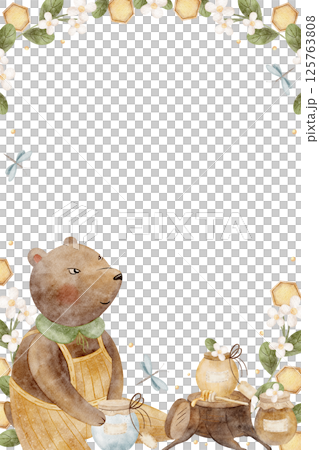 Frame watercolor bear with jars of honey on a stump, dragonfly, honeycombs in flowers, leaves. Hand drawn illustration cartoon style for templates design invitations cards birthday kids place for text 125763808